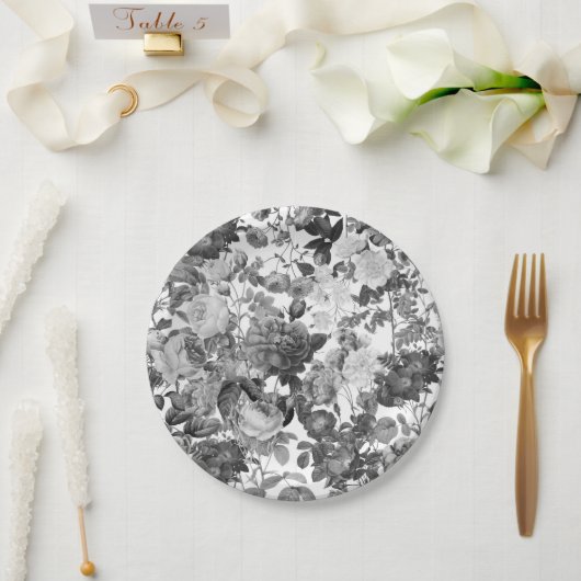 Schwarz-Weiß-Vintage-Blumenmuster Pappteller (Hochzeit)