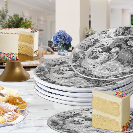 Schwarz/Weiß Vintage Blüten Pappteller