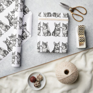 Schwarz-Weiß-Vintage Corgi-Hochzeit Geschenkpapier