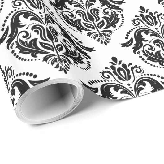 Schwarz-Weiß-Vintage Damaskus-Muster Geschenkpapier (Rolleneckpunkt)