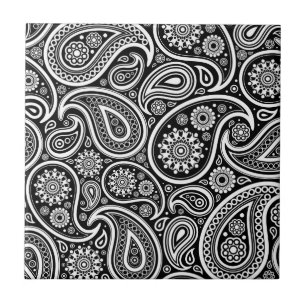 Schwarz-Weiß Vintage Paisley Damast Muster Fliese