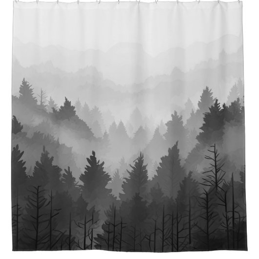 Schwarz-Weiß-Wald Landschaft Minimalistisch Duschvorhang (Vorderseite)