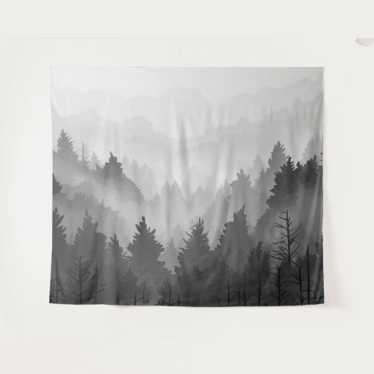 Schwarz-Weiß-Wald Landschaft Minimalistisch Wandteppich (Vorderseite (Horizontal))