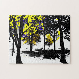 Schwarz-Weiß-Wald mit Gelb und Lila Puzzle