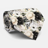 Schwarz-Weiß-Wasserfarben-Flora-Form-Neck-Tie Krawatte (Gerollt)