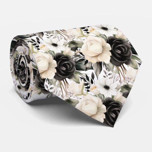 Schwarz-Weiß-Wasserfarben-Flora-Form-Neck-Tie Krawatte (Gerollt)