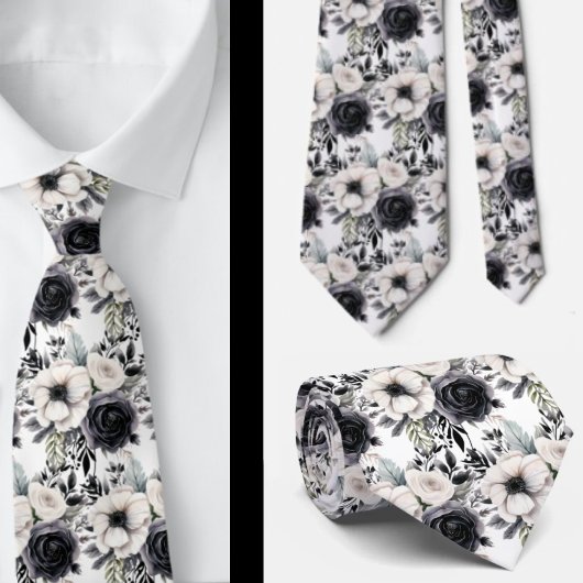 Schwarz-Weiß-Wasserfarben-Flora-Form-Neck-Tie Krawatte