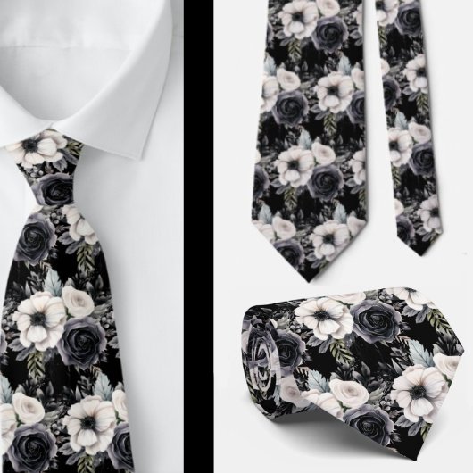Schwarz-Weiß-Wasserfarben-Flora-Form-Neck-Tie Krawatte