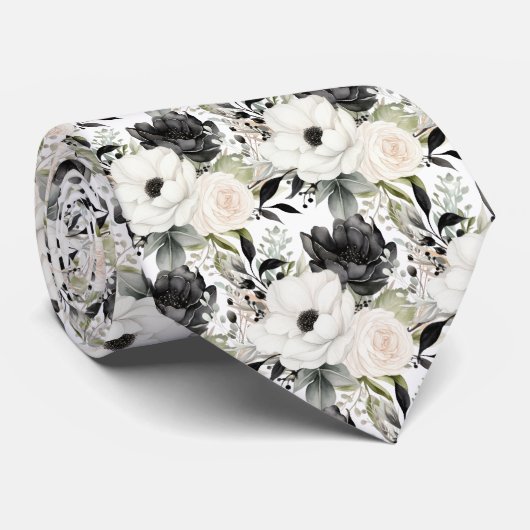 Schwarz-Weiß-Wasserfarben-Flora-Form-Neck-Tie Krawatte (Gerollt)