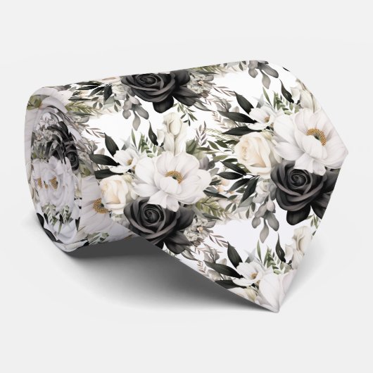 Schwarz-Weiß-Wasserfarben-Flora-Form-Neck-Tie Krawatte (Gerollt)