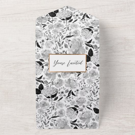 Schwarz-Weiß-Wasserfarben-Hochzeit All In One Einladung (Außenbereich)
