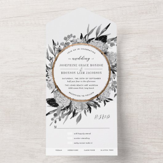 Schwarz-Weiß-Wasserfarben-Hochzeit All In One Einladung (Innen Boden)