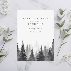 Schwarz-Weiß-Wasserfarbenwald-Hochzeit Save The Date