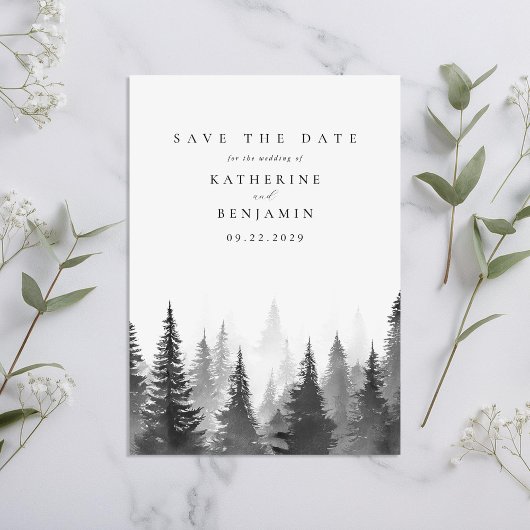 Schwarz-Weiß-Wasserfarbenwald-Hochzeit Save The Date