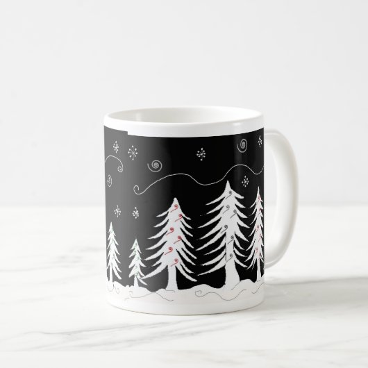 Schwarz-Weiß-Weihnachtsbaum-Design Kaffeetasse (VorderseiteRechts)