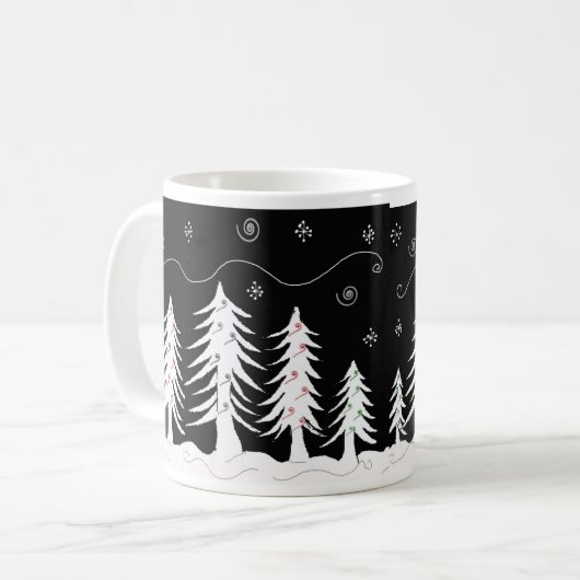 Schwarz-Weiß-Weihnachtsbaum-Design Kaffeetasse (Vorderseite Links)