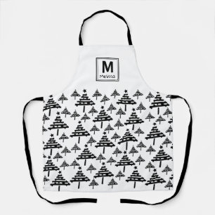 Schwarz-Weiß-Weihnachtsbaum-Muster Monogramm Schürze