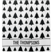 Schwarz-Weiß Weihnachtsbaum Muster & Text Duschvorhang (Vorderseite)