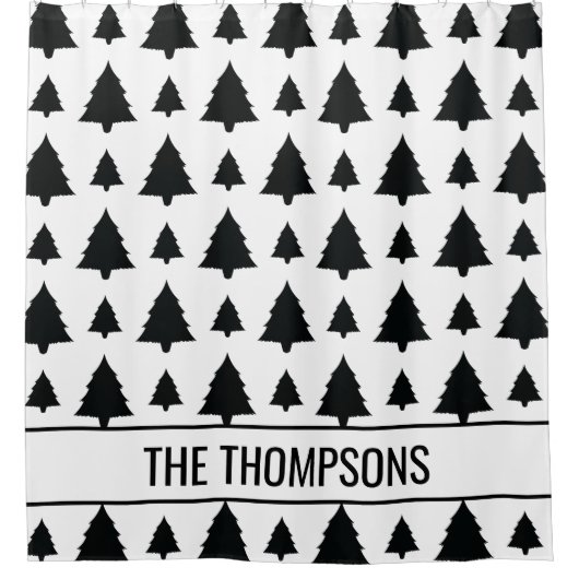 Schwarz-Weiß Weihnachtsbaum Muster & Text Duschvorhang (Vorderseite)