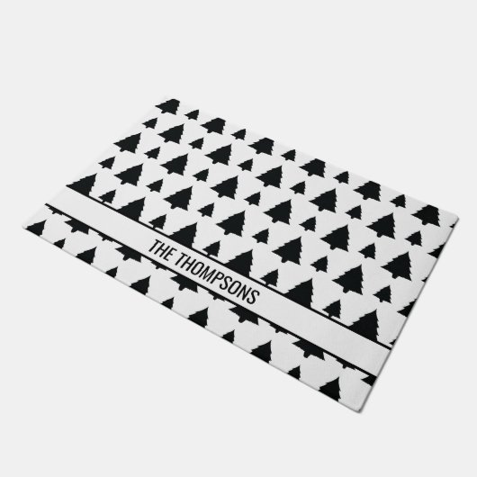 Schwarz-Weiß Weihnachtsbaum Muster & Text Fußmatte (Schrägansicht)