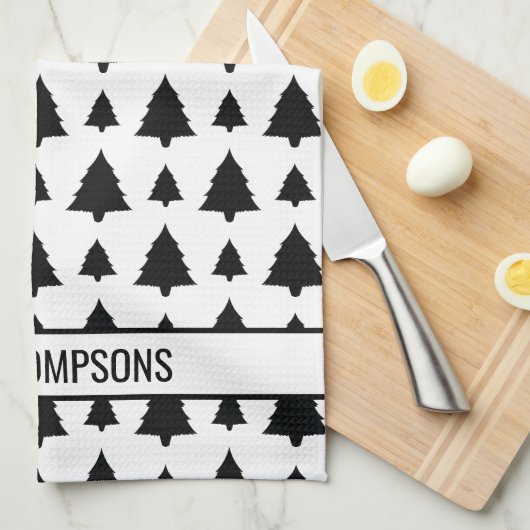 Schwarz-Weiß Weihnachtsbaum Muster & Text Geschirrtuch (Viertel Falte)