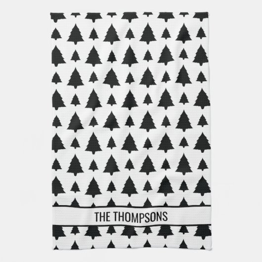 Schwarz-Weiß Weihnachtsbaum Muster & Text Geschirrtuch (Vertikal)
