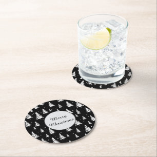 Schwarz-Weiß-Weihnachtsbaum Runder Pappuntersetzer