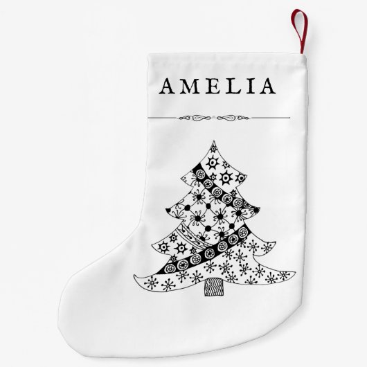 Schwarz-Weiß-Weihnachtsbaummuster Zeichnend Kleiner Weihnachtsstrumpf (Rückseite)