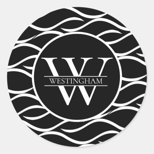 Schwarz-Weiß-Wellenmuster-Monogramm mit Namen Runder Aufkleber (Vorderseite)