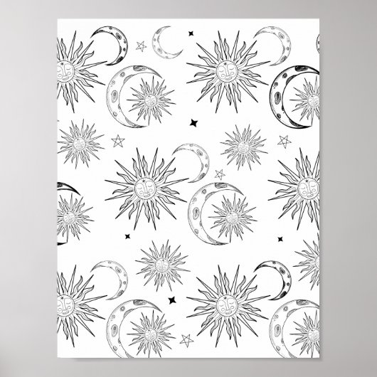 Schwarz-Weiß-Whimsical Sun-Himmelsastrologie Poster (Vorne)