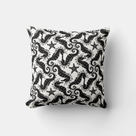 Schwarz-Weiß-Wiederholungsmotiv | Seepferd Muster Kissen