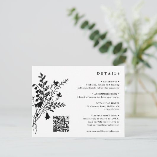 Schwarz-Weiß-Wildblume Bouquet Hochzeitsdetails Begleitkarte (Stehend Vorderseite)