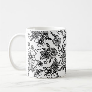 Schwarz-Weiß-Wildblumen-Druck-Tasse Kaffeetasse
