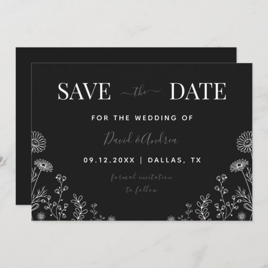 Schwarz-Weiß | Wildblumen Gezeichnet Blätter falle Save The Date (Vorne/Hinten)