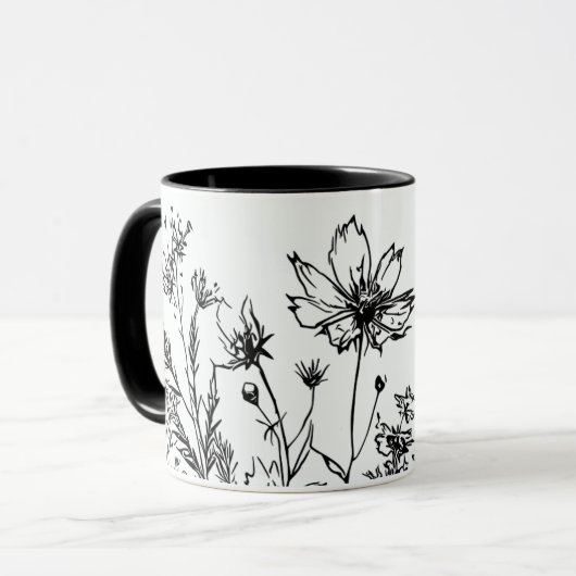Schwarz-Weiß-Wildblumen Tasse (Vorderseite Links)