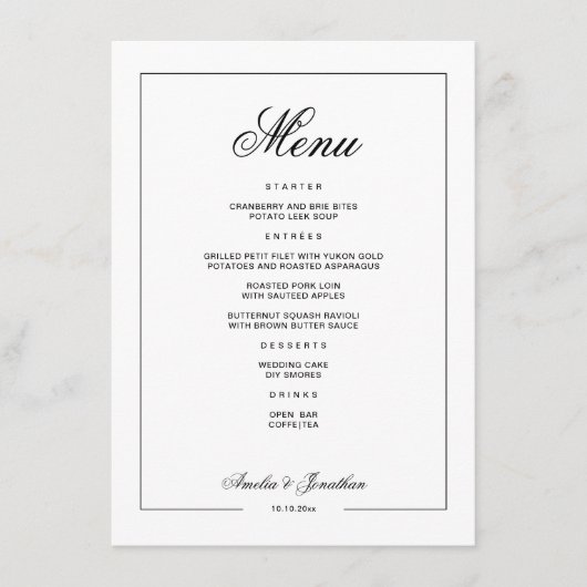 Schwarz-Weiß-Winter-Hochzeitmenü Menükarte (Vorderseite)