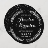 Schwarz-Weiß-Winter-Kranz-Hochzeit Save The Date (Vorne/Hinten)