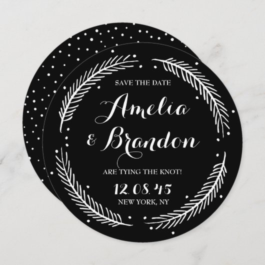 Schwarz-Weiß-Winter-Kranz-Hochzeit Save The Date (Vorne/Hinten)