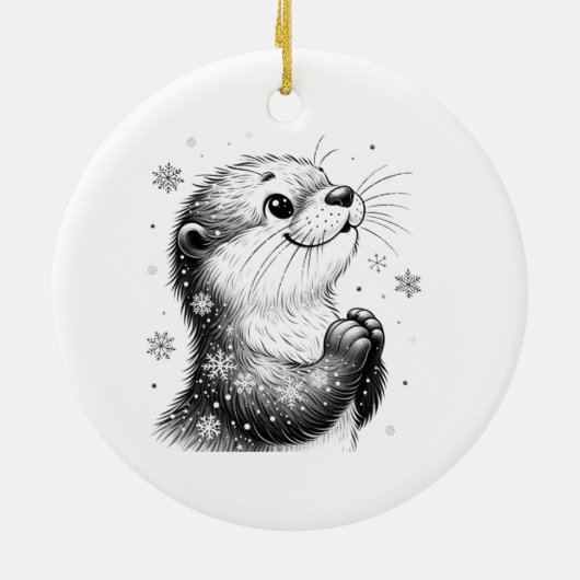 Schwarz-Weiß-Winter-Otter Keramik Ornament (Hinten)