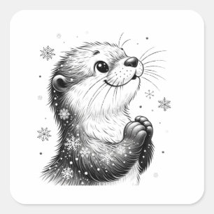 Schwarz-Weiß-Winter-Otter Quadratischer Aufkleber