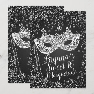 Schwarz-weiß Winter Wonderland Masquerade Sweet 16 Einladung
