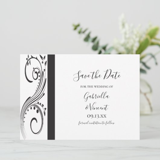 Schwarz-Weiß-Wirbel beim Hochzeitsdatum speichern Einladung (Stehend Vorderseite)