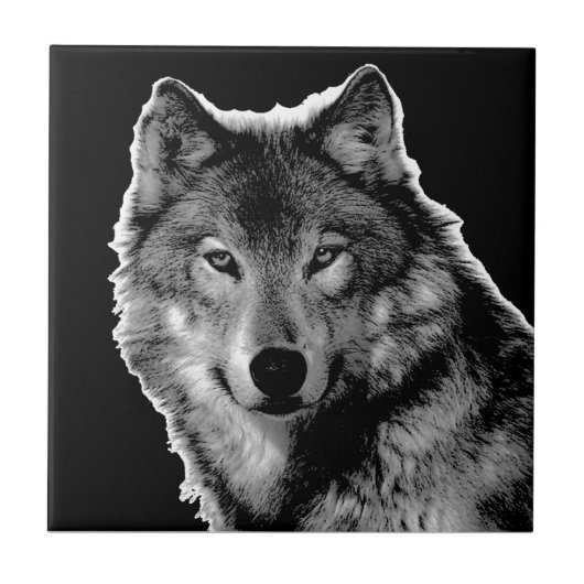 Schwarz-Weiß-Wolf-Augen - Wildtierfotografie Fliese (Vorderseite)