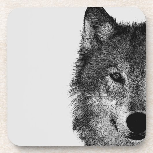 Schwarz-Weiß-Wolf-Augustift Getränkeuntersetzer (Vorderseite)