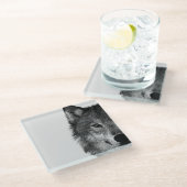 Schwarz-Weiß-Wolf-Augustift Glasuntersetzer (Schrägansicht)
