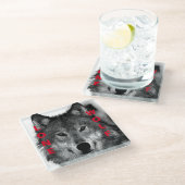 Schwarz-Weiß-Wolf-Augustift Glasuntersetzer (Schrägansicht)