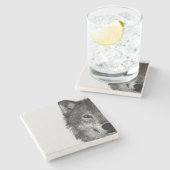 Schwarz-Weiß-Wolf-Augustift Steinuntersetzer (Seitenansicht)