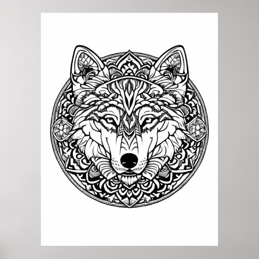 Schwarz-Weiß-Wolf-Farbstil Poster (Vorne)