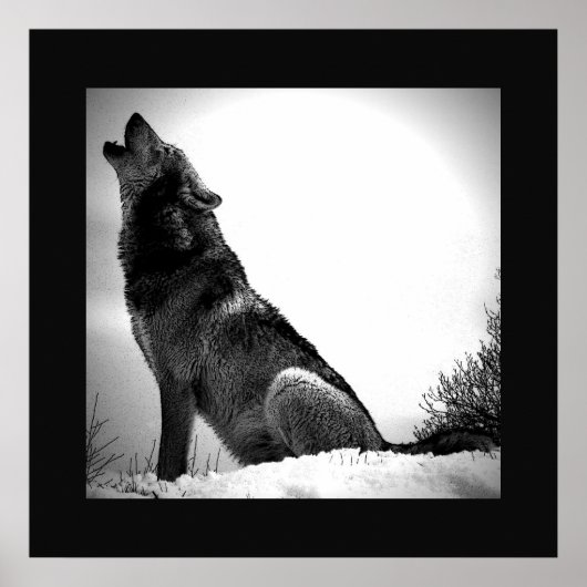Schwarz-Weiß-Wolf-Howling bei Moon Poster Print (Vorne)