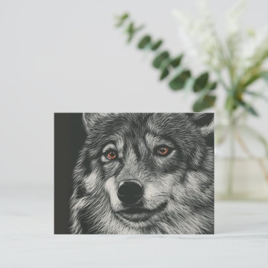 Schwarz-Weiß-Wolf-Illustration Postkarte (Stehend Vorderseite)